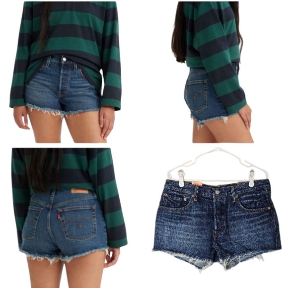 NWT Levi’s 501 Button Fly Denim Shorts High Rise Distressed Dark Wash Size 30 - Picture 1 of 12